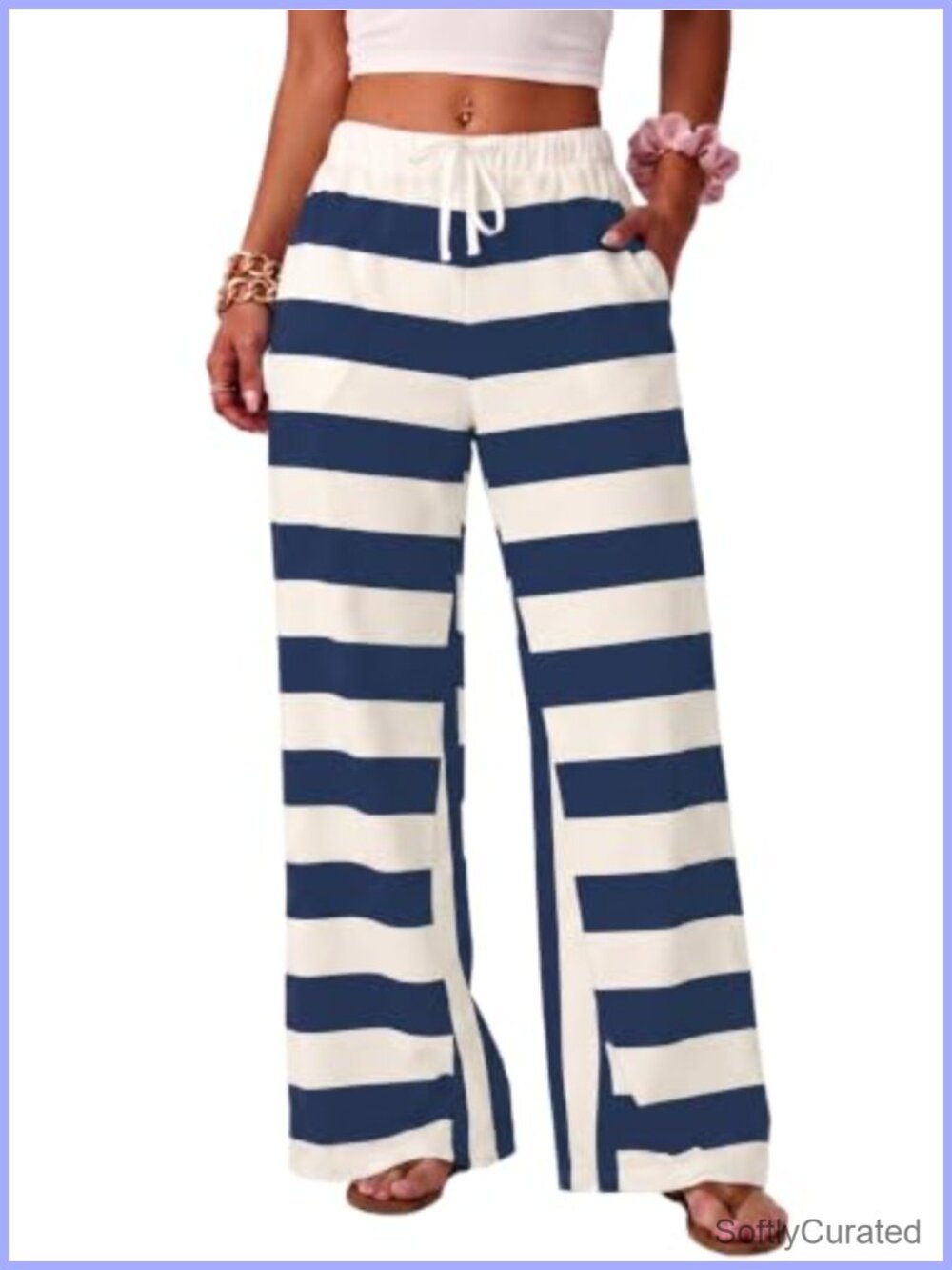 Womens Striped Wide Leg High Waist Palazzo Pants Deep Pockets Drawstring
